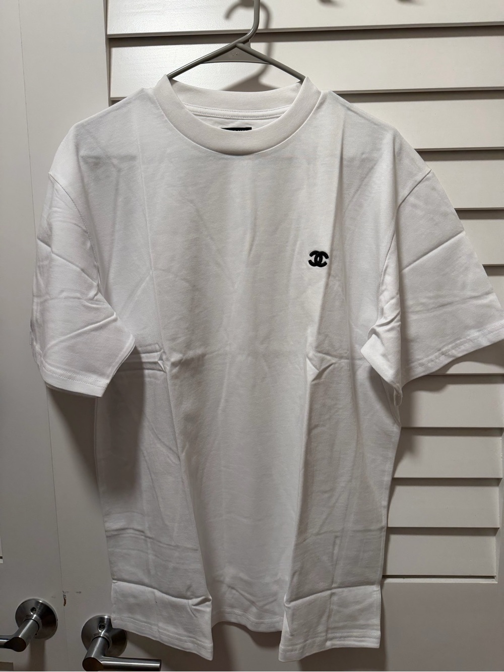 CHANEL White Short-Sleeve T-Shirt with Small Black Logo